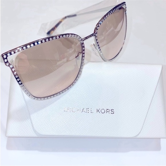NWT Michael Kors Crystal Studded Mirrored Stockholm Sunglasses in Silver w/Case - Picture 7 of 12